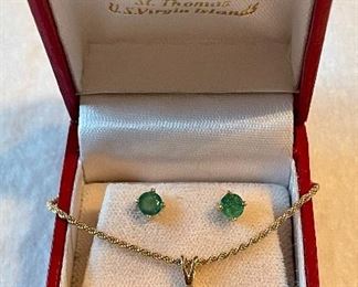 Item 458:  14K & Emerald Earrings, 14K Emerald and Diamond Pendant:  $595                                                                                                                                                               Necklace is 16" and the clasp is in need of repair