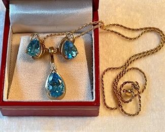 Item 460:  14K Blue Topaz & Diamond Earrings & 14K Necklace with Blue Topaz & Diamond Pendant:  $495                                                                                           Necklace is 16"