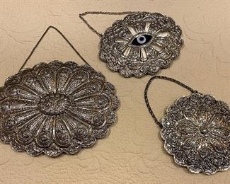 Item 363:  Large Turkish Sterling Silver Repousse Hanging Mirror (left):  $125                                                                                           Item 547:  Turkish Sterling Repousse "Eye" Mirror:  $95                             Item 548:  Turkish Sterling Repousse Mirror:  $85 (SOLD)