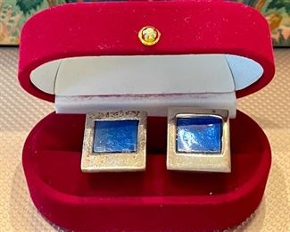 Item 388:  Vintage Sterling Silver Cufflinks with Blue Enamel, Red Box: $45