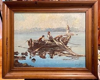 Item 582:  Painting - Oil on Canvas of Fishermen, signed lower right - Hasan Vaseq - frame is in good vintage condition but shows signs of wear:  $175