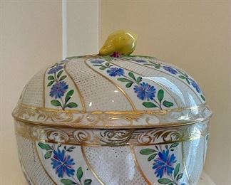 Item 5:  Meissen Porcelain Hand Painted Box with Blue Flowers, Gilt and Lemon Finial - 5.25":  $275