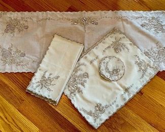 Item 18:  Gorgeous Embroidered Runner, Placemats, Napkins and Coasters:  $48
