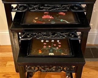 Item 36:  Set of four (littlest one is not shown) lacquered nesting tables featuring auspicious items and characters crafted of semi-precious stones on each table:  $595                                                                                  
Largest - 20"l x 14.25"w x 24.25"h