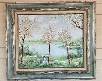 Item 69:  Signed LA Foret Oil on Canvas in Shabby Chic Frame - 32.5" x 32.5": $265