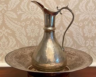 Item 152:  Antique 19th C. Turkish Nickel Plated Pitcher (Bowl not for sale)- 14.25" x 15":  $125
