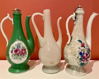 Item 169:  (2) Antique Imperial Russian Ewers with Stoppers made by Kuznetsov factory - 8.5": $175 ea  Item 459:  Pale Green Opaline Antique Ewer (left): $85