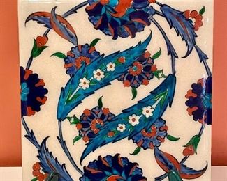 Item 168:  Iznik Style Hand Painted Tile on Stand - 9.25" x 9.25":  $24