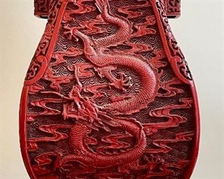 Item 179:  Carved Cinnabar Vessel with Dragon Motif (missing lid) - 4.75" x 12":  $275