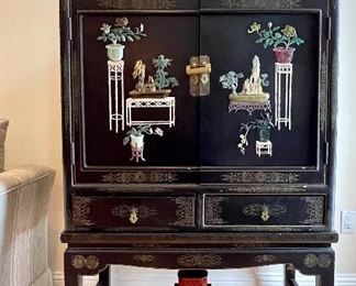 Item 35:  Gorgeous Asian Black Lacquered Wood Cabinet with Raised Traditional Stone Scenery - 35.5"l x 20.75"w x 54.75"h:  $895