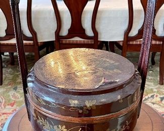 Item 182:  Antique Painted Chinese rice basket, red lacquer & floral and gold decor:  $125