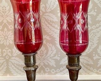 Item 185:  (2) Sterling Silver and Etched Cranberry Hurricanes - 4.75" x 13.75": $125