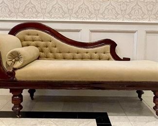 Item 227:  Chaise Lounge with Nailhead Trim and Brass Casters - 70"l x 21"w x 34.75"h:  $695