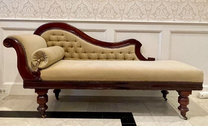 Item 227:  Chaise Lounge with Nailhead Trim and Brass Casters - 70"l x 21"w x 34.75"h:  $695