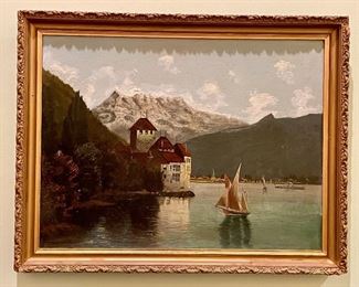 Item 330:  Gorgeous Oil on Board (Lake Geneva and Chilton Castle) -  Signed J.E. Crosgrove - 27.5" x 21.5": $425