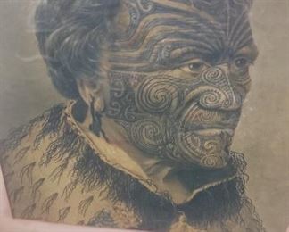 Antique framed Tomika Te Mutu, Maori Tattoo Moko Art