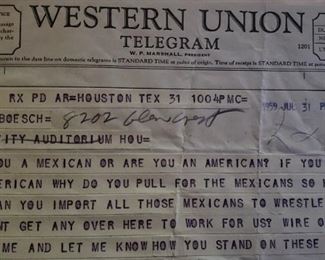 Hate mail for representing and promoting Mexican wrestlers in 1959.