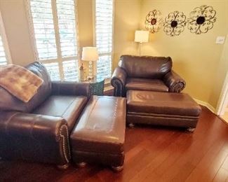Pair of comfy leather oversize chair and ottoman 