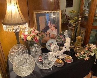 Pretty cut glass, lamp, ginger jar, brass candlesticks, small floral clock, Demi tea cups. 