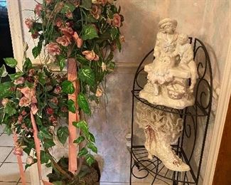 Brass shell planter , corner shelf, statue & Victorian lace boot