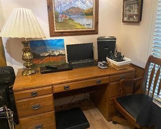 Wood desk , monitor, brass lamp, shredder, oil painting 