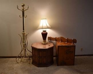 Lot of 5 Assorted Furniture & Decor Items | 2 End Tables, Coat Hanger, Coat Rack, & Lamp | Coat Rack - 6' Tall