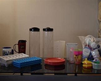 Large Lot of Assorted Plastic Cups, Childrens Cups, Ice Cube Trays, Table Lamp & Plates
