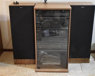 Complete Sony Entertainment System | Comes with 2 Tall Speakers, Turntable (PS-LX-100), Amplifier (TA-AX380), Double Cassette Deck (TC-W301), AM/FM Tuner (ST-JX380), CD Player (CDP-C20), & Manuals | Cabinet - 19" W x 16.5" D x 36.5" T