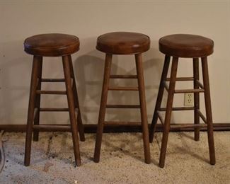 Lot of 3 Wood & Leather Bar Stools | 30" Tall