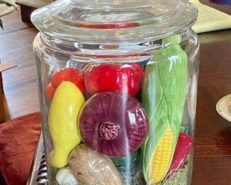 Large glass canisters with pottery painted vegetables $28