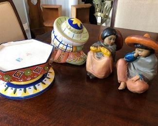 Mexican Pottery: cookie jar, pedestal, 2 figurines $26