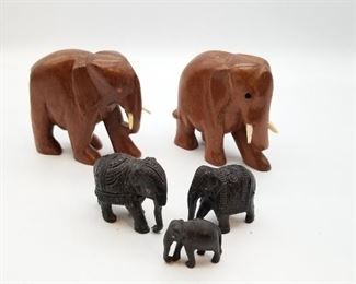 Vintage Teak Wood and Black Elephant Figurines