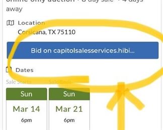 Click on the Blue Tab link to Capitol Sales Services Hibid page to register and to place bids on items as presented in the catalog.  https://capitolsalesservices.hibid.com