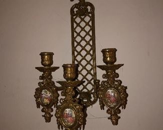 Pair of Italian brass 3 light wall candelabra, with porcelain plaques.