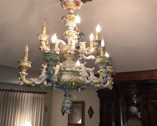 Large 12 light  Capodimonte Chandelier 46" from ceiling to tip of bottom, 36'wide. Approx 40 years old. Excellent condition, covered with flowers.