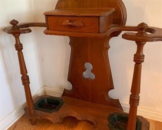	#4	 Antique Eastlake cherry hall tree from mid to late 1800s with the original M.W. Cain Boston, Mass cast iron drip pans  35"x13"x88"	 $375.00 		