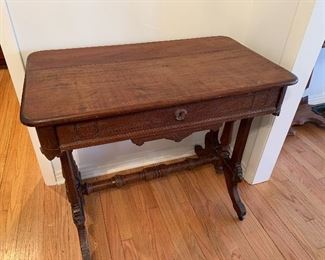 	#5	Late 1800s antique side table with one drawer on casters 36"x20"x31"	 $175.00 		