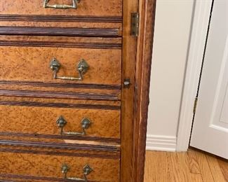 	#20	Antique Victorian birdseye maple dresser from late 1800s with 6 drawers, with a hinged side to lock the 5 bottom drawers. 34"x22"x68". As is-missing veneer	 $175.00 		