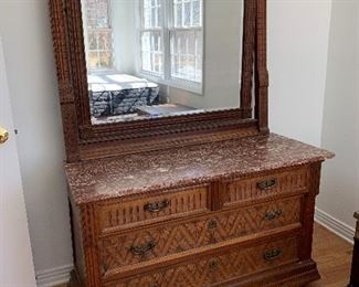 	#24	Marble top antique dresser with beveled mirror and 4 drawers 48"x21"x71"	 $150.00 		