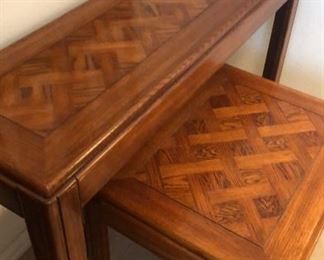 Sofa table and end table that coordinate to each other with beautiful inlaid wood tops
