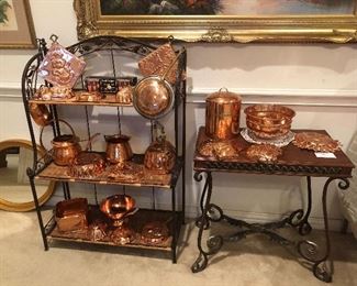 Lots and lots of brass, foldable Bakers rack and beautiful table