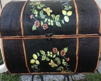 Handpainted wooden black trunk with brass handles on each side