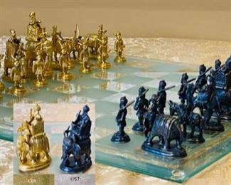 Ancient Indian Sterling Silver 32-piece Chess Set gold and bronze pieces and Crystal Chess Board