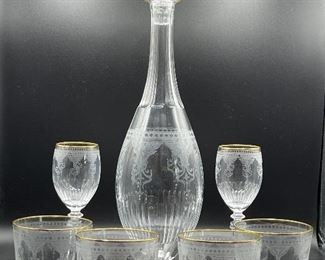 VINTAGE, RARE And HAND-ENGRAIVED BACCARAT Decanter And 6 Pcs Wine Glasses
