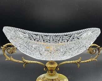 Vintage Crystal Compote Fruit Bowl On Metal Pedestal With Marble Base