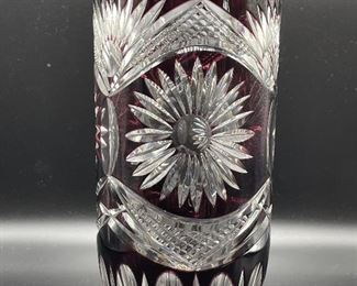 Large Bohemian Czech Intricate Cut To Clear Amethyst Crystal Vase