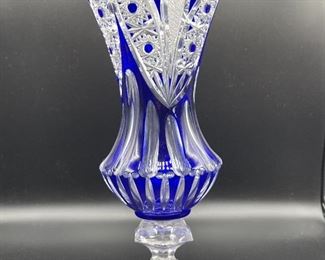 Bohemian Czech Vintage Cobalt Blue Glass Crystal Vase 13"