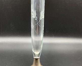 Vintage Alvin Etched Glass Bud vase w/ Sterling Silver Base