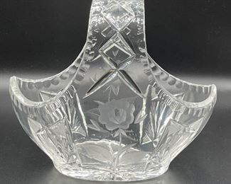 Vintage 24 Lead Crystal Flower Basket With Etched Flowers
