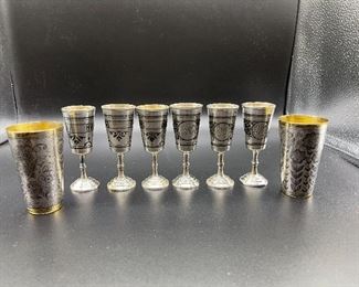 Russian Niello Gilt Sterling Silver 875 Small Wine Goblet (6) & Small Vodka Shot Cups (2)